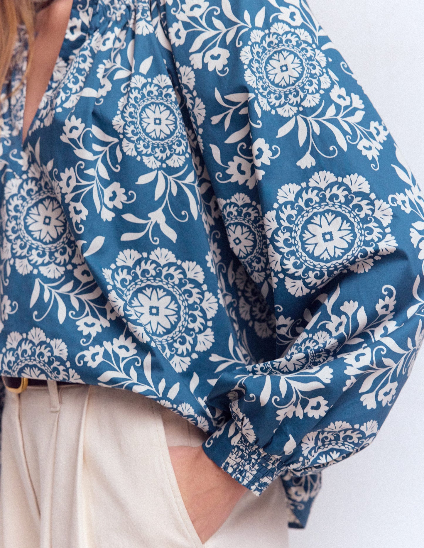 Serena Pleat Neck Top-Dark Blue, Decorative Blossom