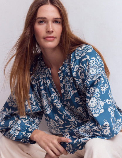 Serena Pleat Neck Top-Dark Blue, Decorative Blossom-5