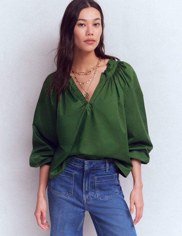 Serena Pleat Neck Top-Green Fir