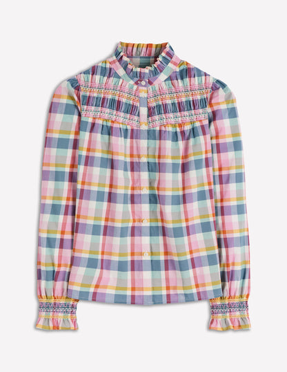 Esme Smocked Detail Frill Top-Multi Check-7