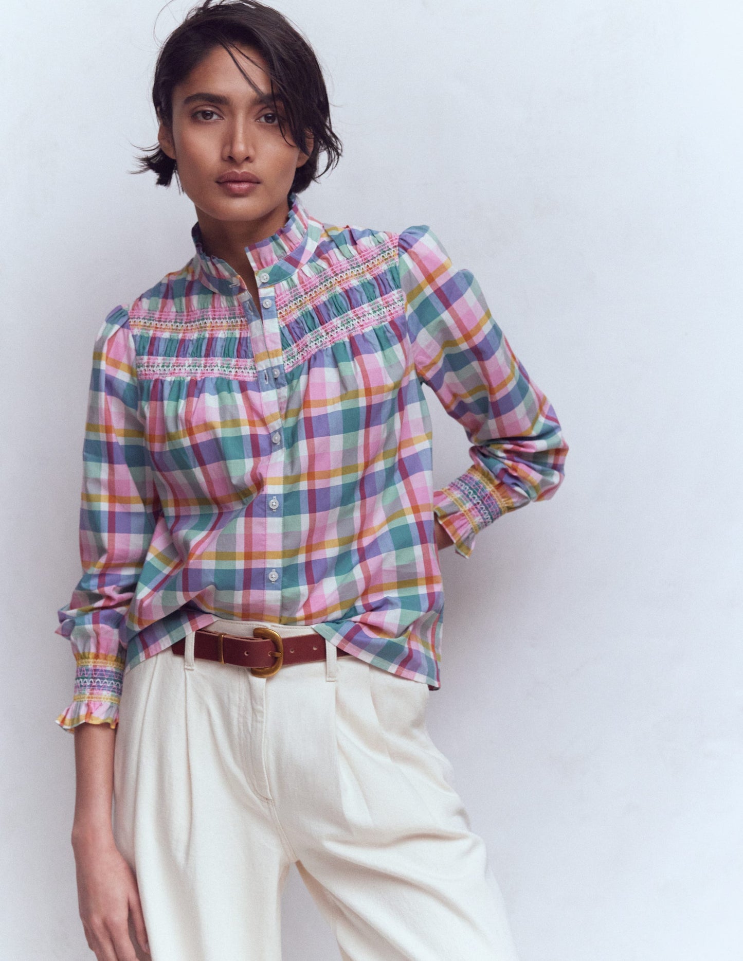 Esme Smocked Detail Frill Top-Multi Check