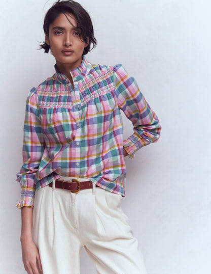 Esme Smocked Detail Frill Top-Multi Check-6