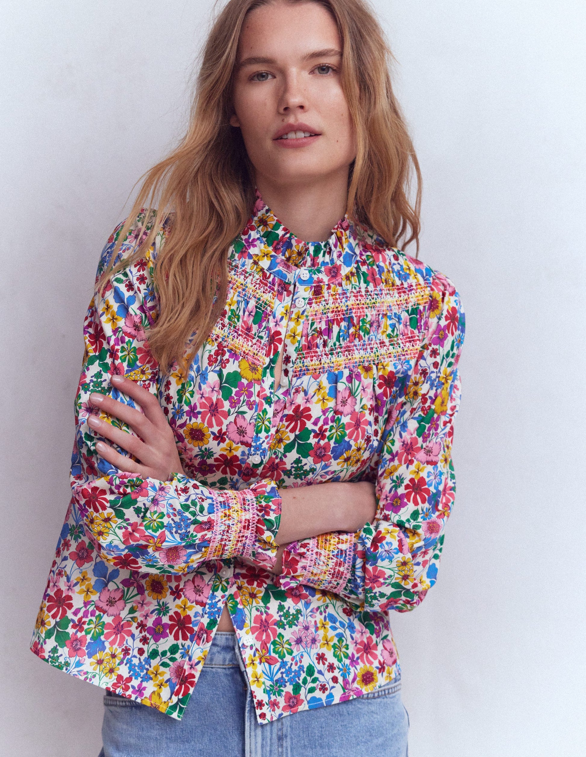 Esme Smocked Detail Frill Top-Multi, Blossoming Garden-5