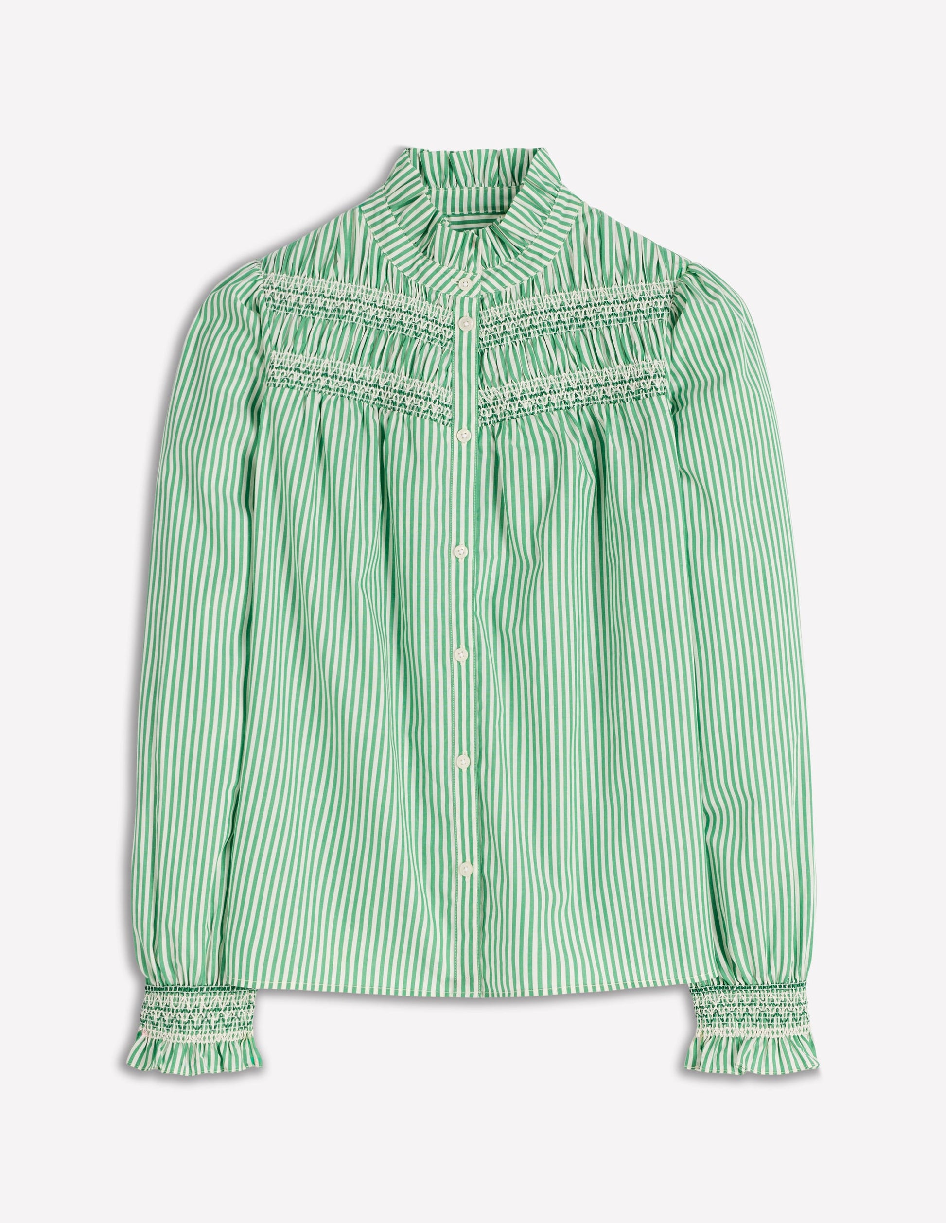 Esme Smocked Detail Frill Top-Highland Green, Ivory Stripe-6