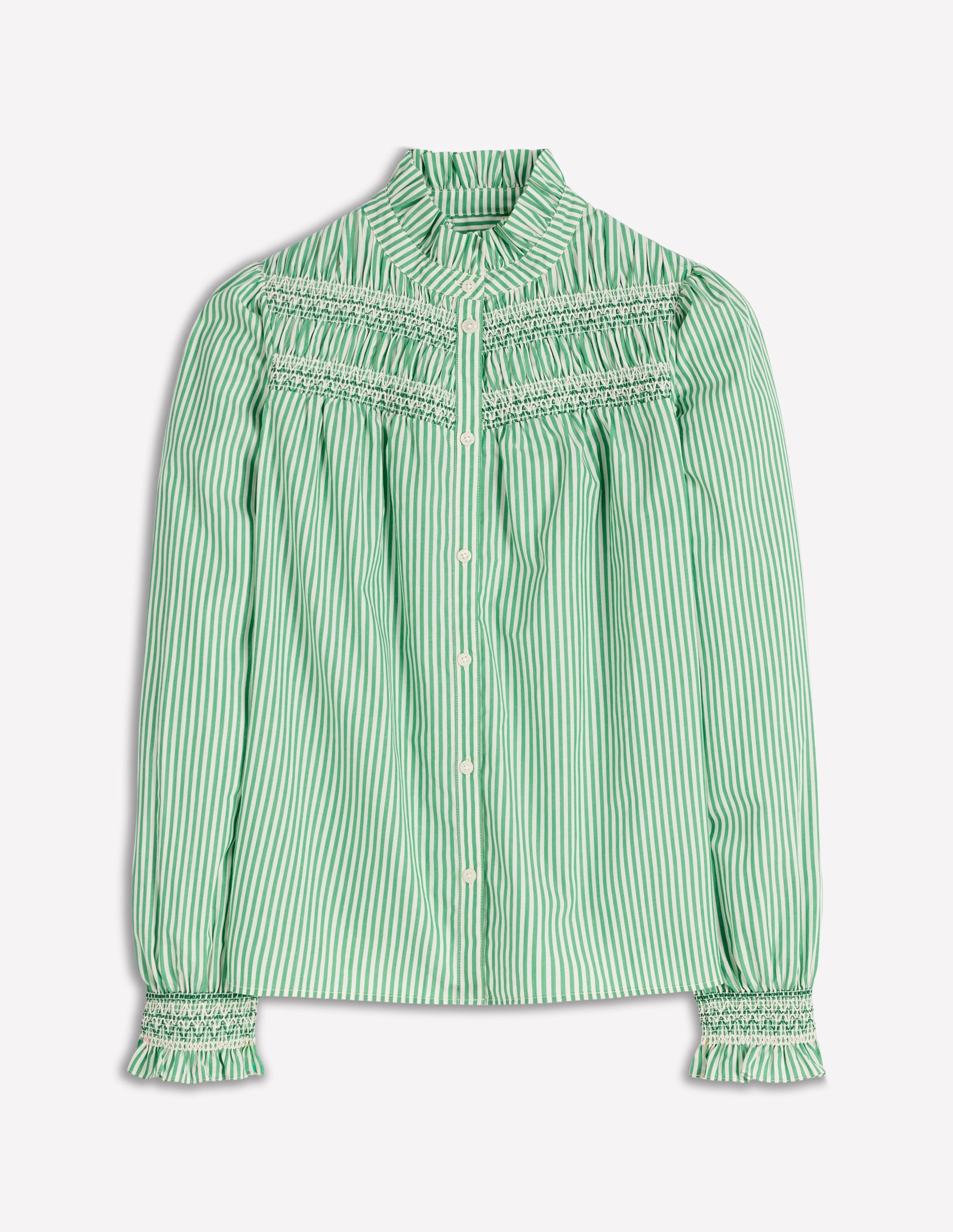Esme Smocked Detail Frill Top-Highland Green, Ivory Stripe - Image 6