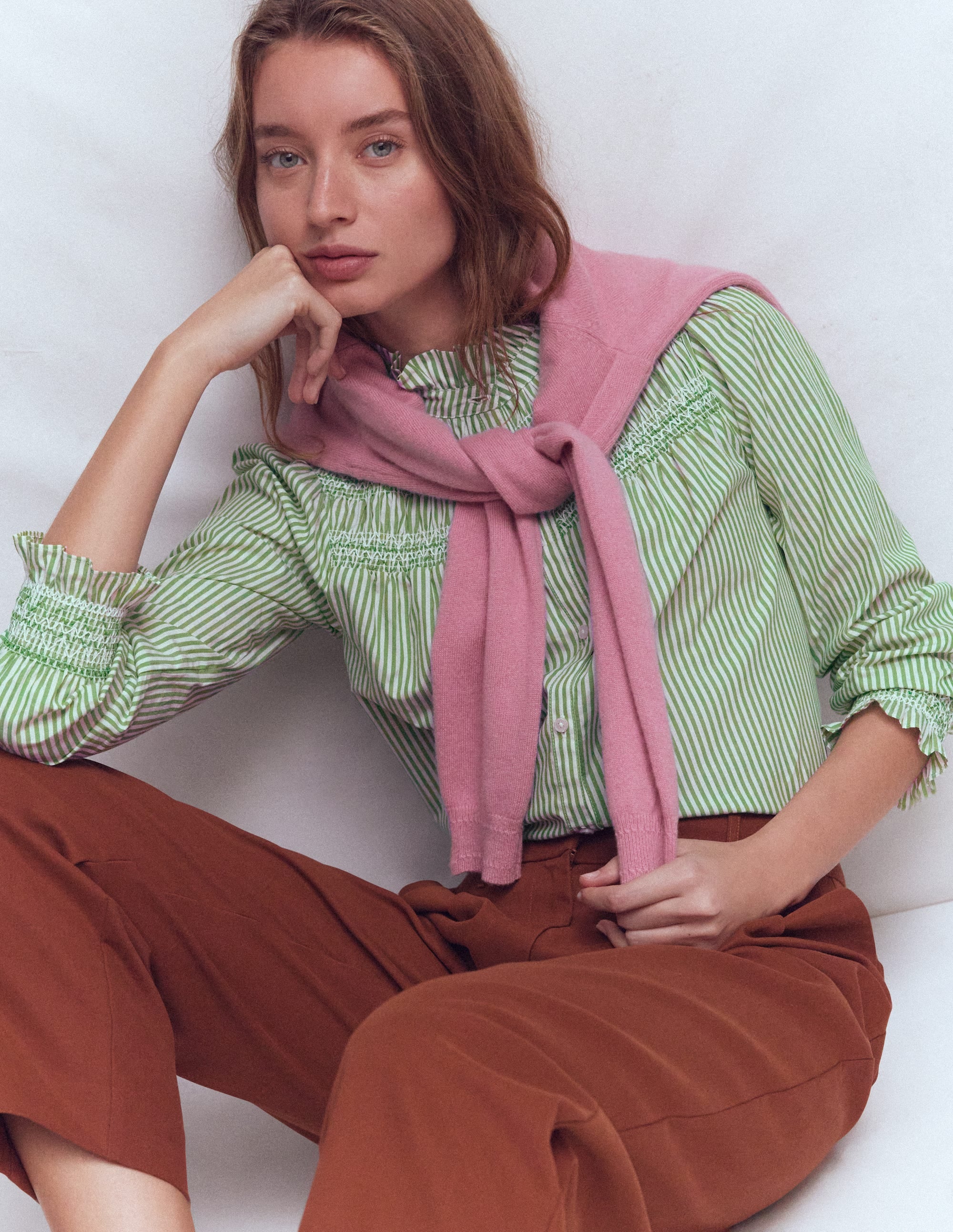 Esme Smocked Detail Frill Top-Highland Green, Ivory Stripe - Image 1