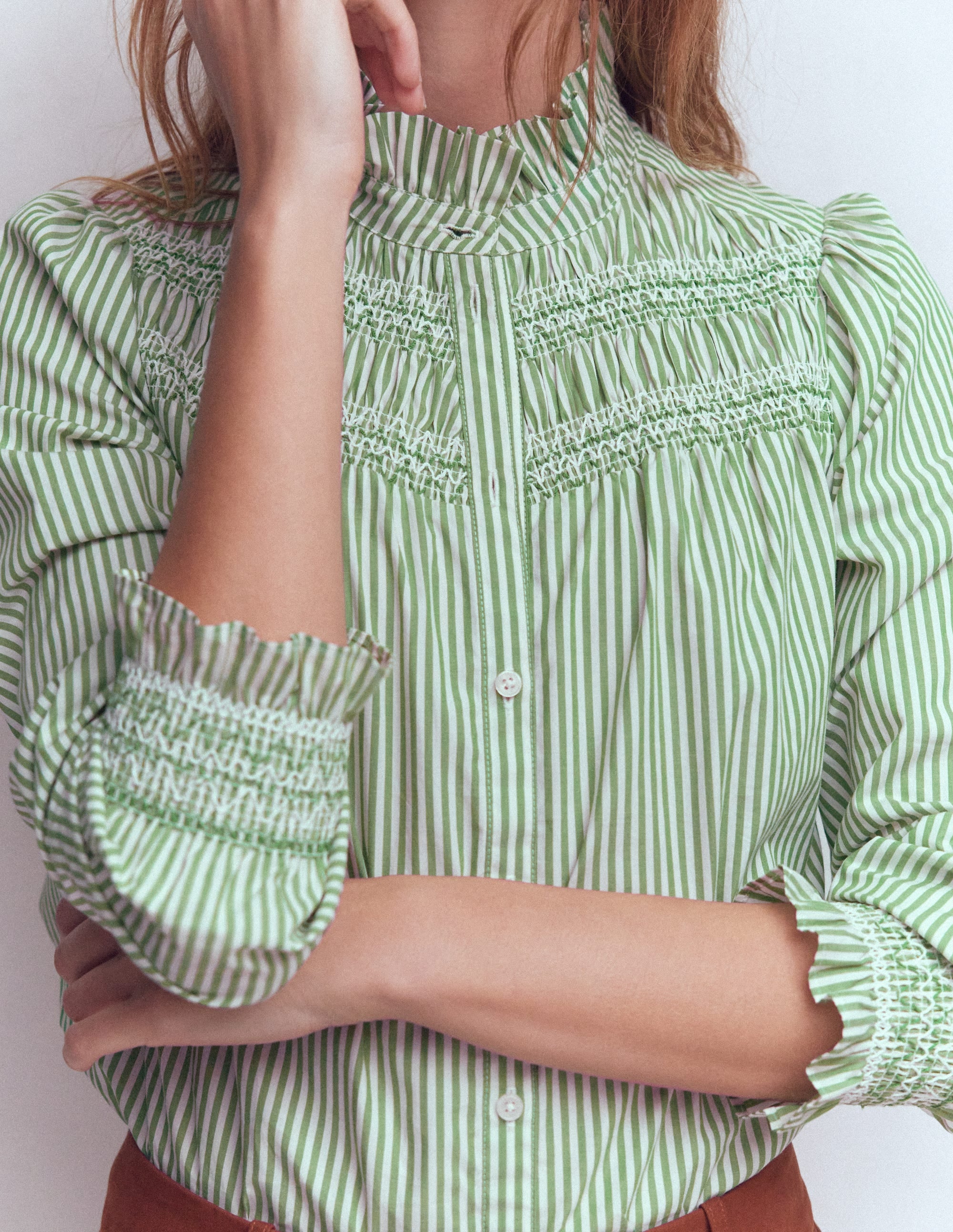Esme Smocked Detail Frill Top-Highland Green, Ivory Stripe - Image 2