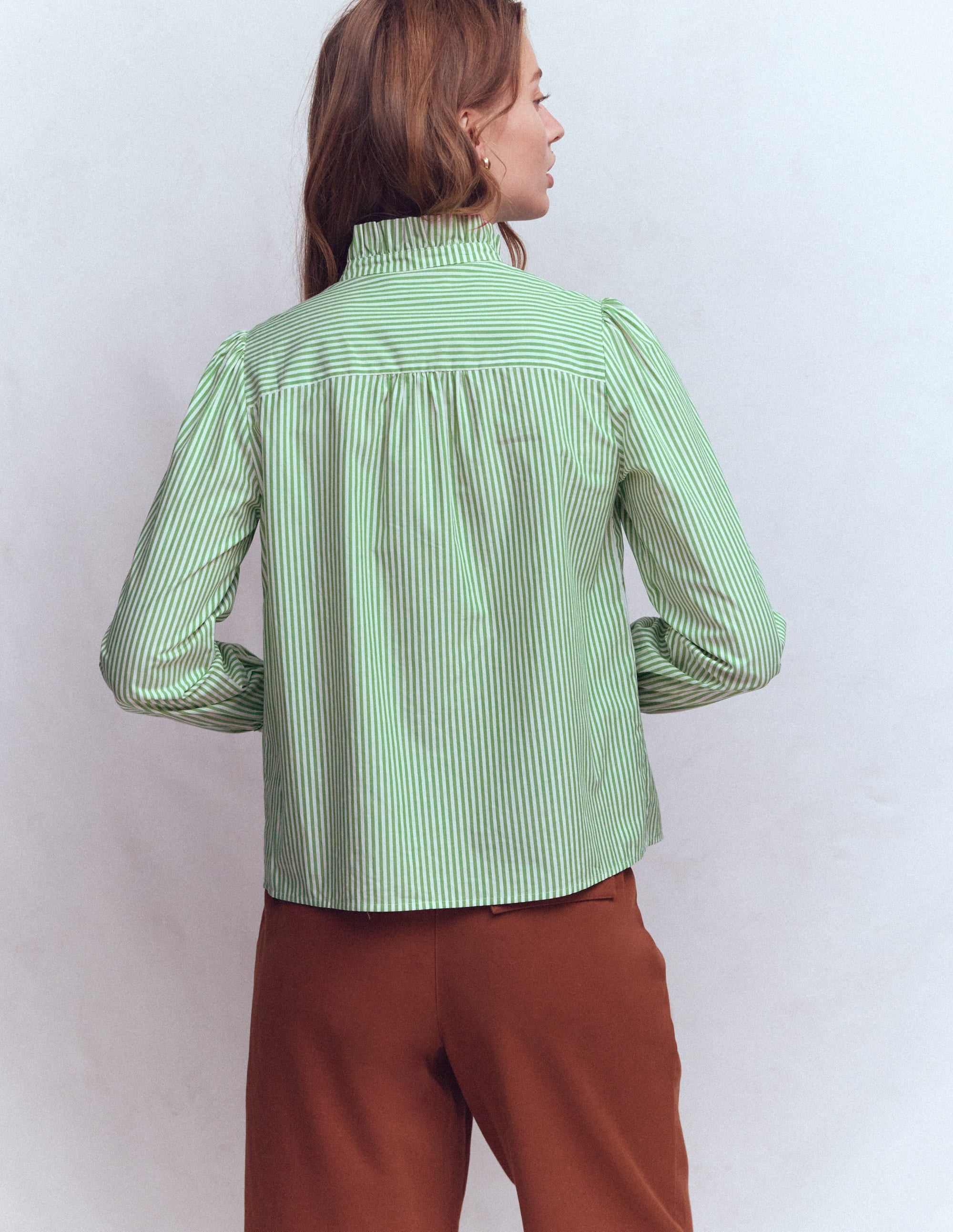 Esme Smocked Detail Frill Top-Highland Green, Ivory Stripe - Image 3