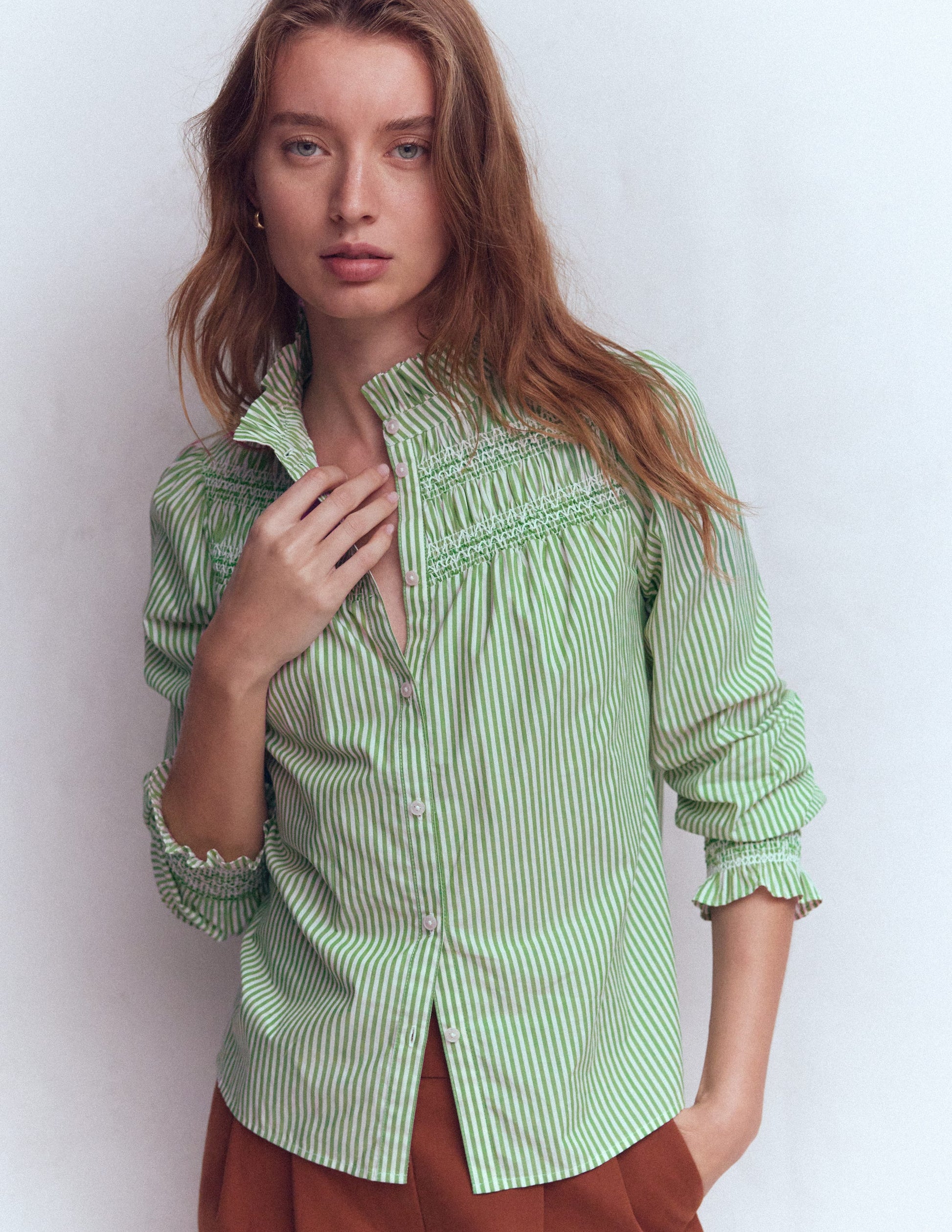 Esme Smocked Detail Frill Top-Highland Green, Ivory Stripe-5