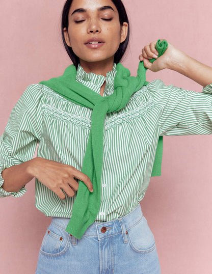 Esme Smocked Detail Frill Top-Highland Green, Ivory Stripe-1