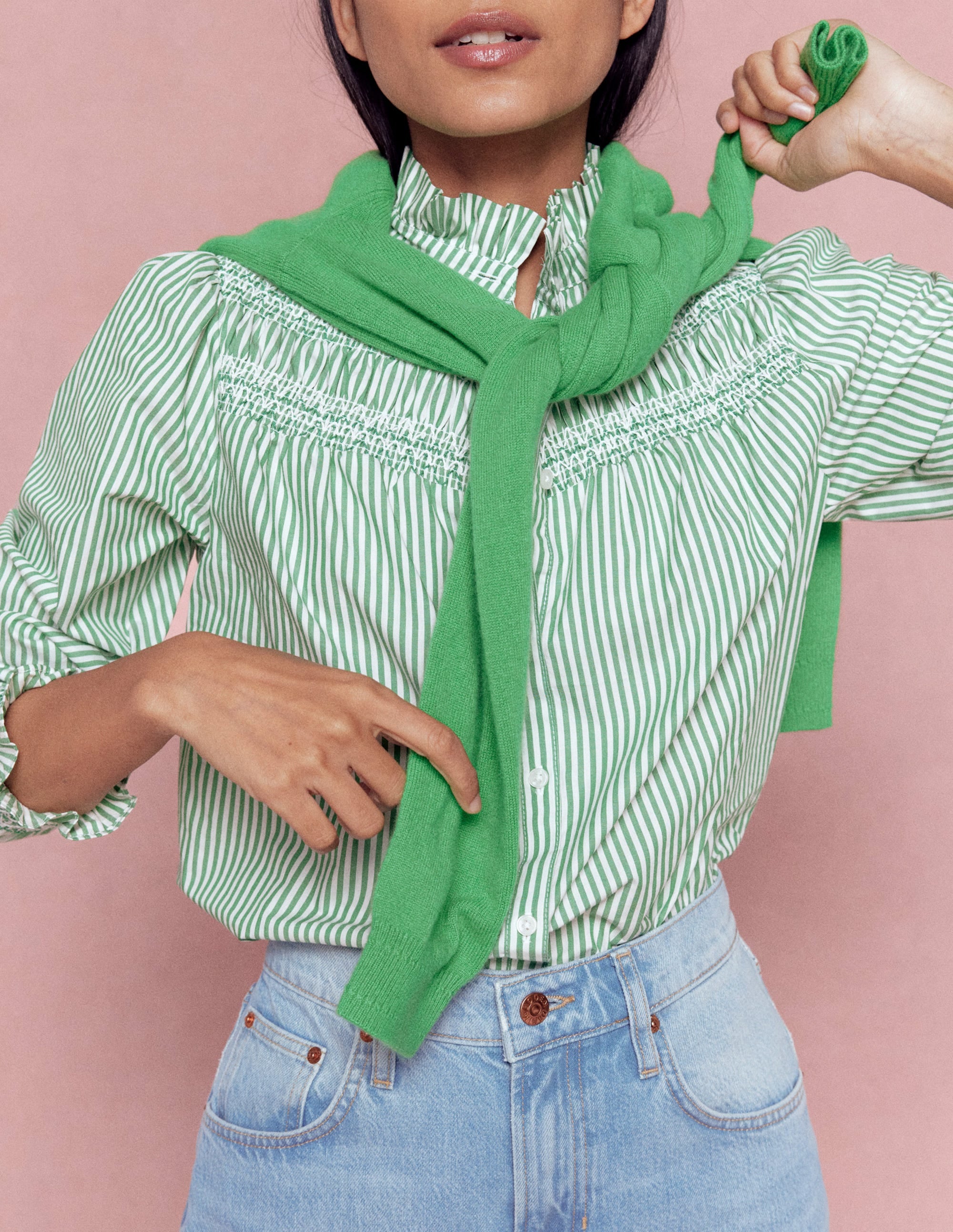 Esme Smocked Detail Frill Top-Highland Green, Ivory Stripe - Image 5