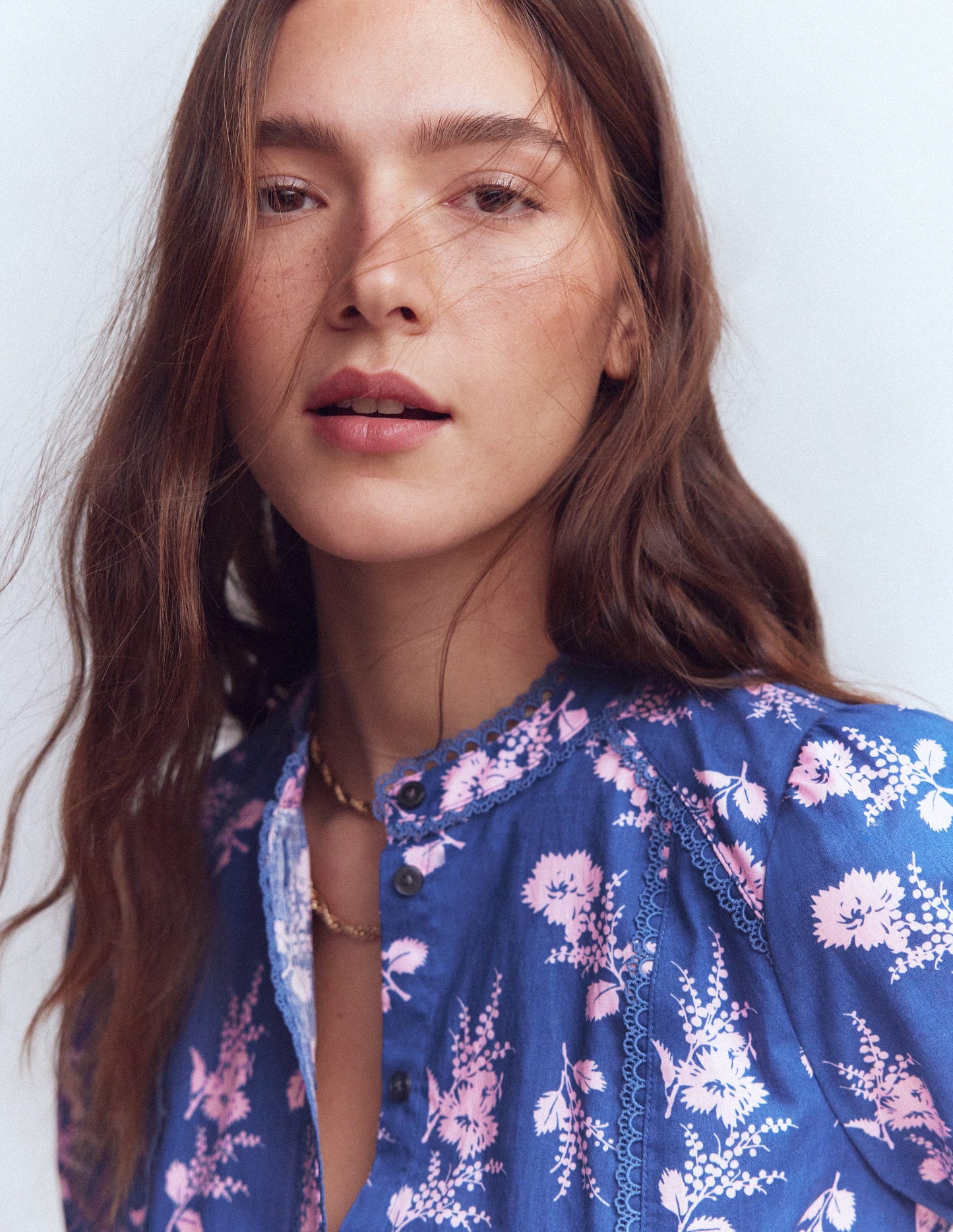 Rhea Trim Detail Cotton Top-Blue, Blossomy Sprig