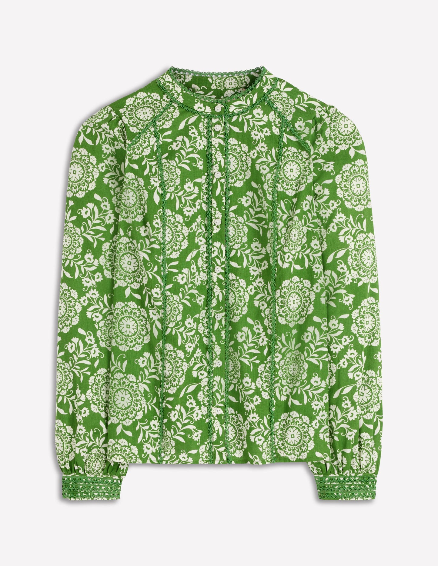 Rhea Trim Detail Cotton Top-Green, Decorative Blossom