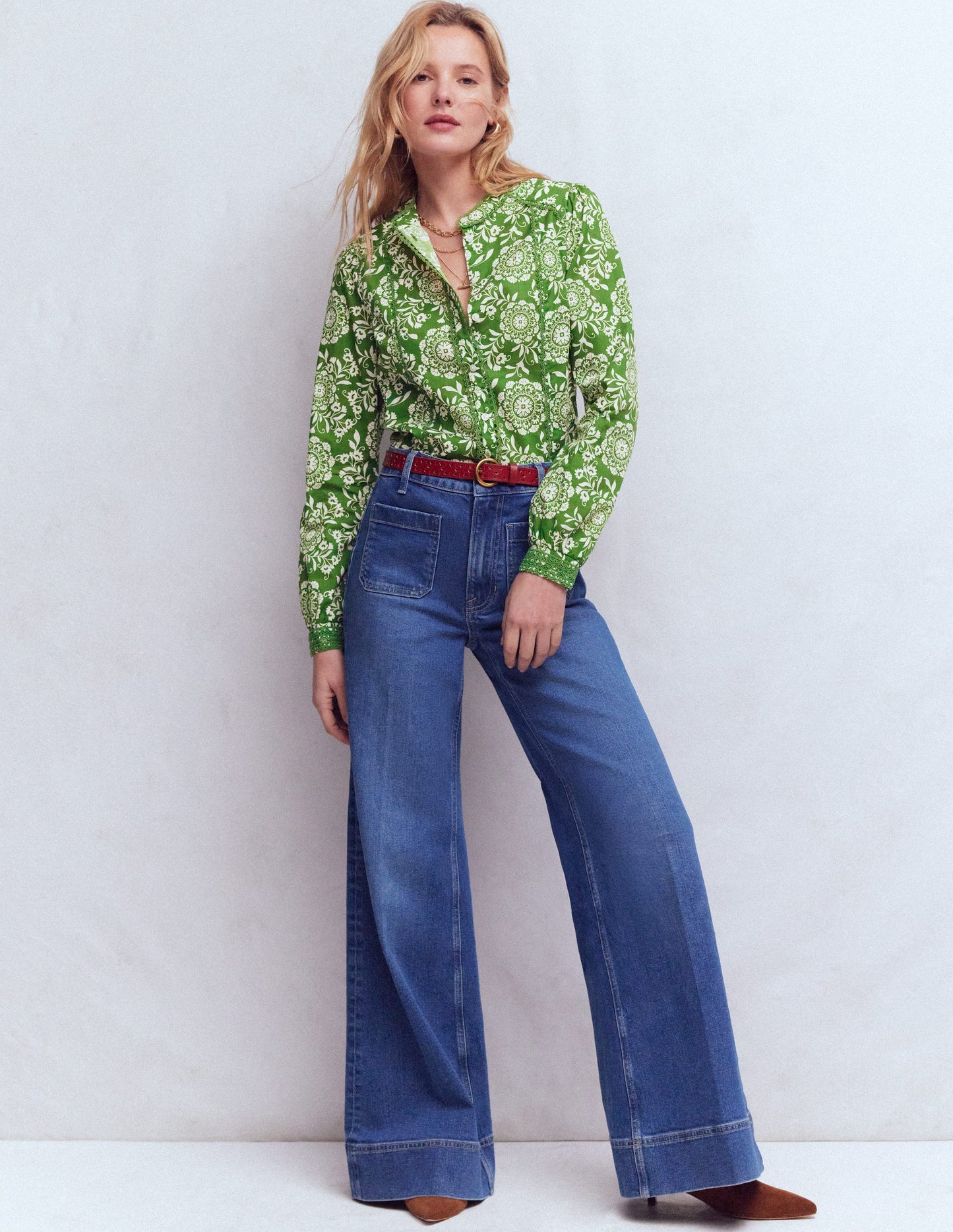 Rhea Trim Detail Cotton Top-Green, Decorative Blossom