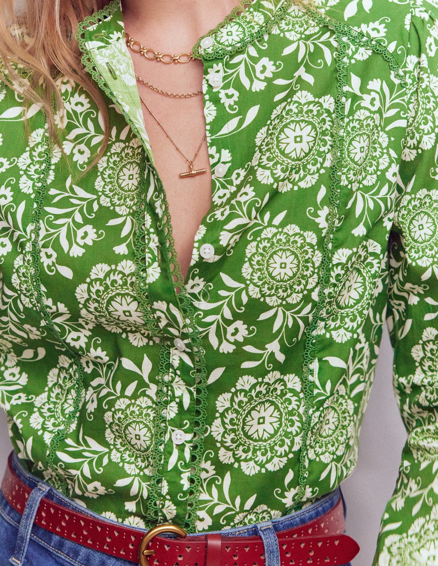 Rhea Trim Detail Cotton Top-Green, Decorative Blossom