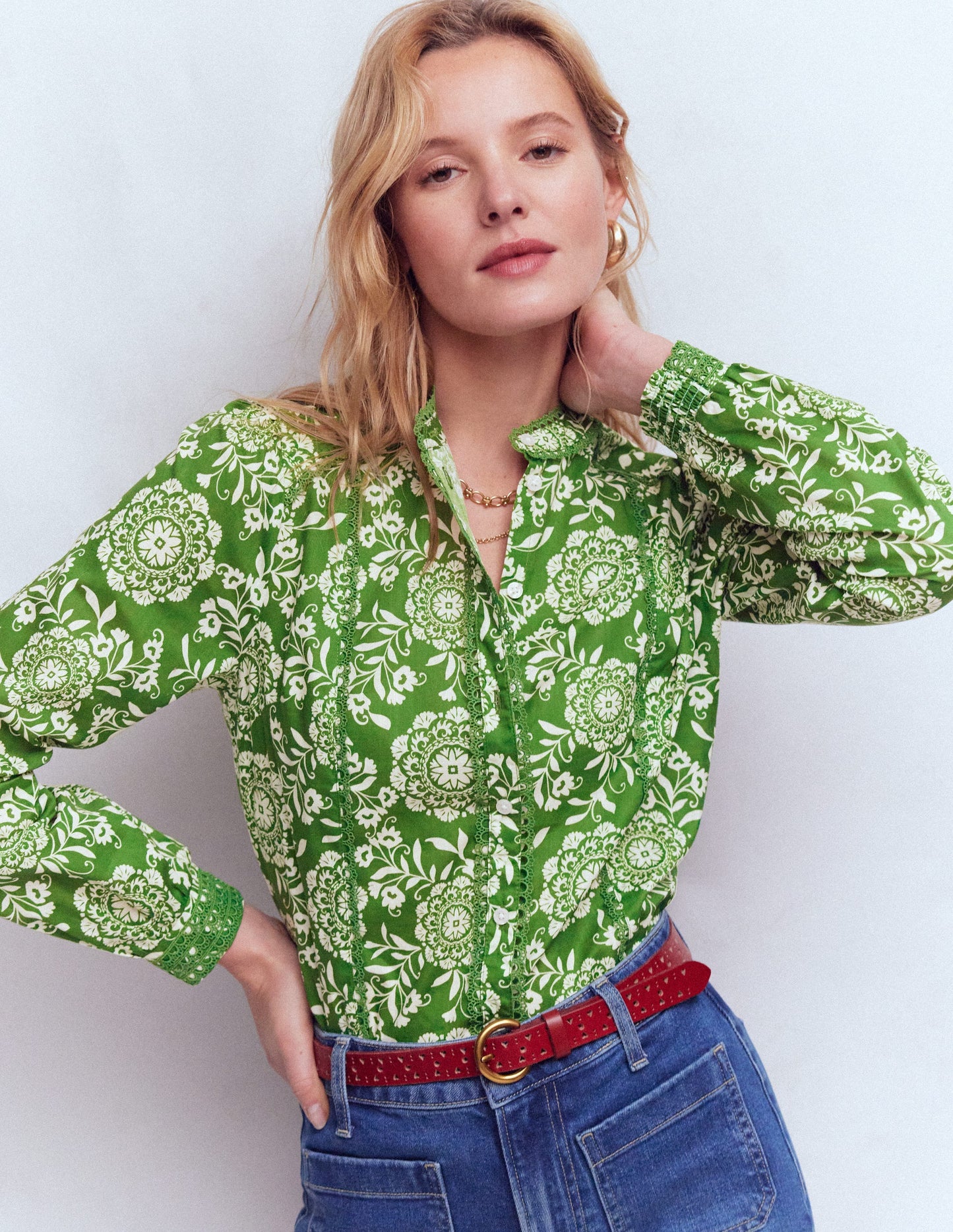 Rhea Trim Detail Cotton Top-Green, Decorative Blossom