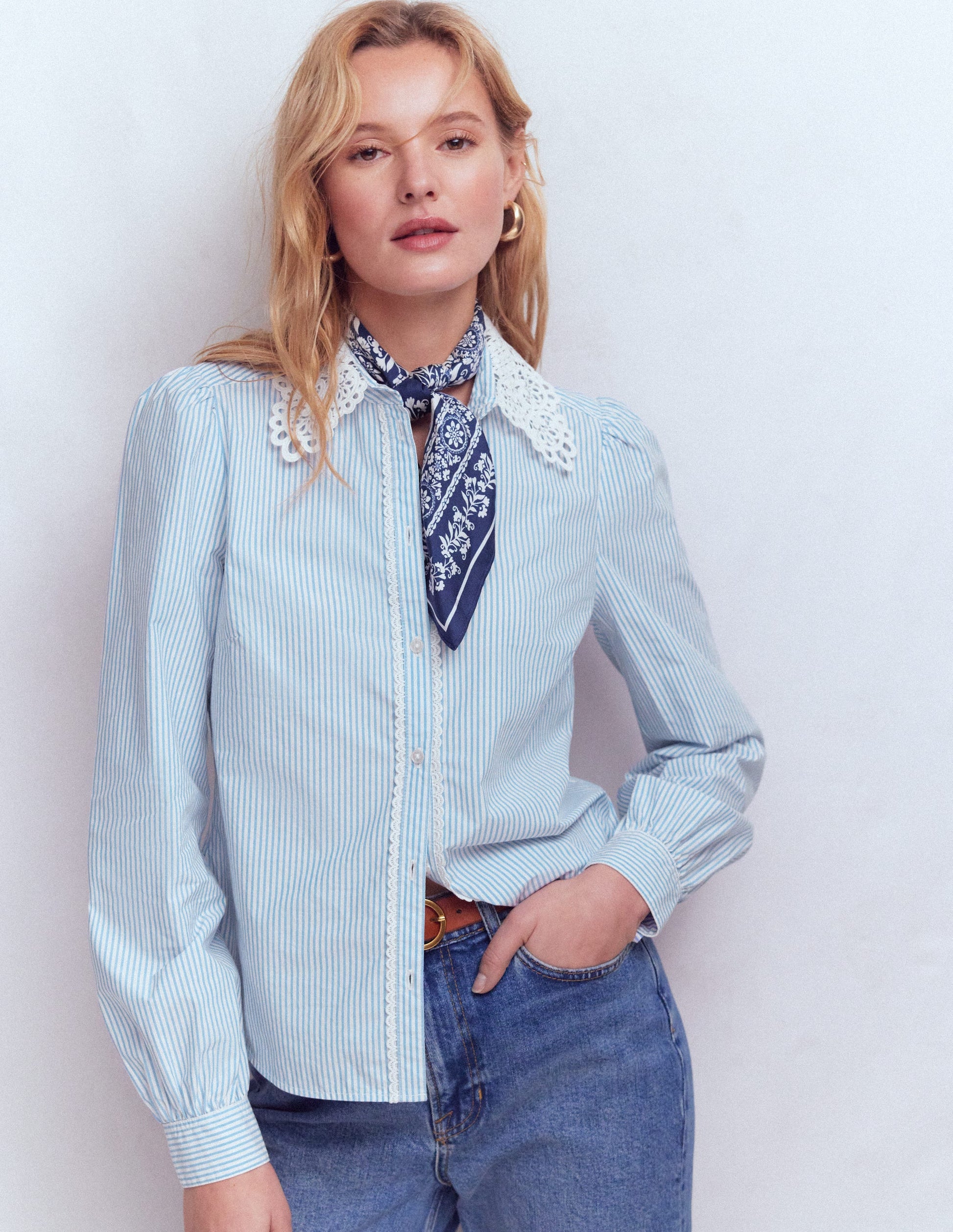 Cara Cotton Shirt-Blue and white stripe-4