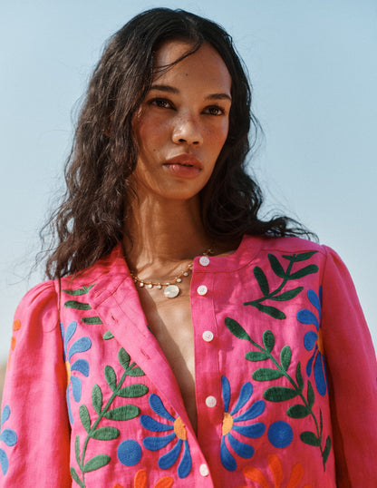 Alicia Linen Top-Pink Peony, Flower Embroidery-2