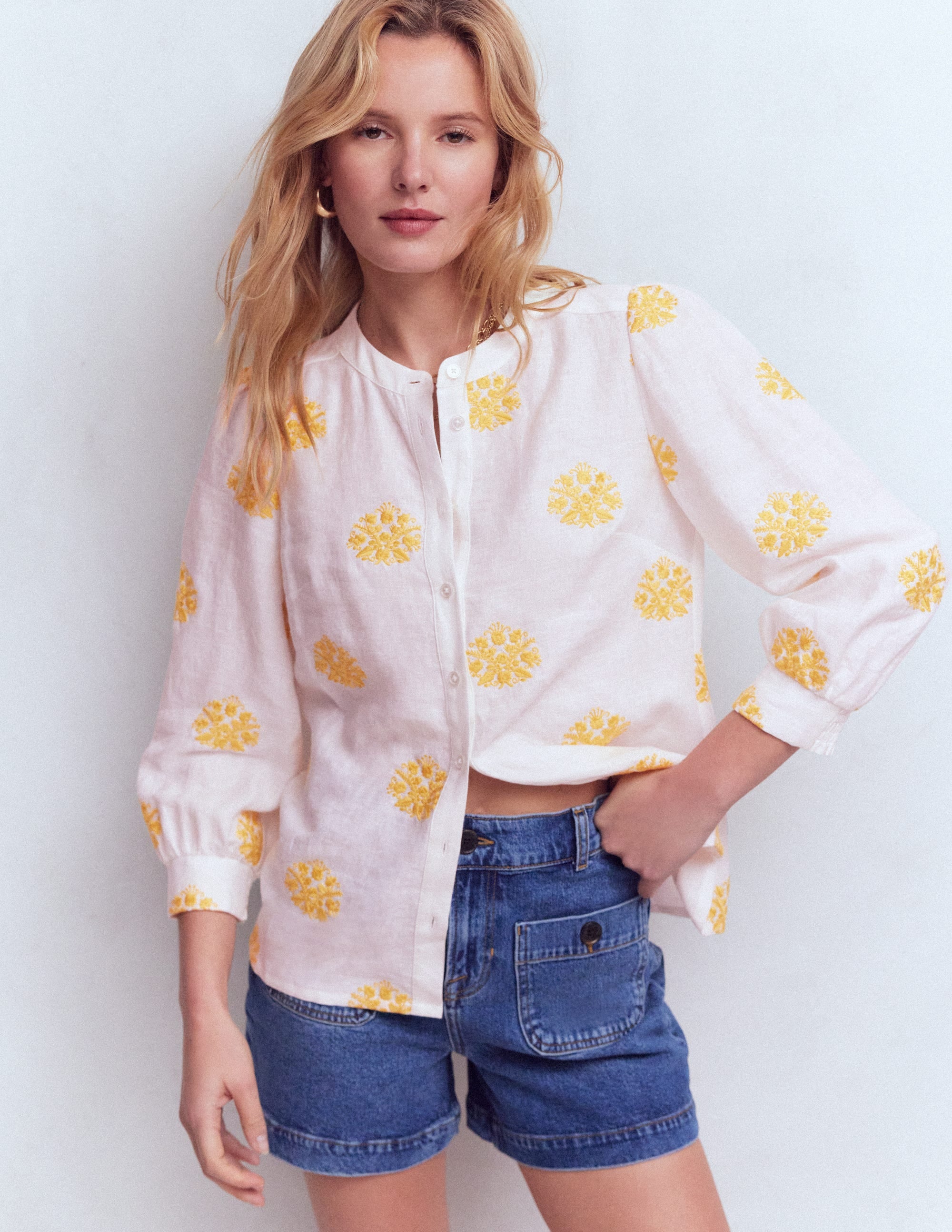 Alicia Linen Top-White, Floral embroidery - Image 1
