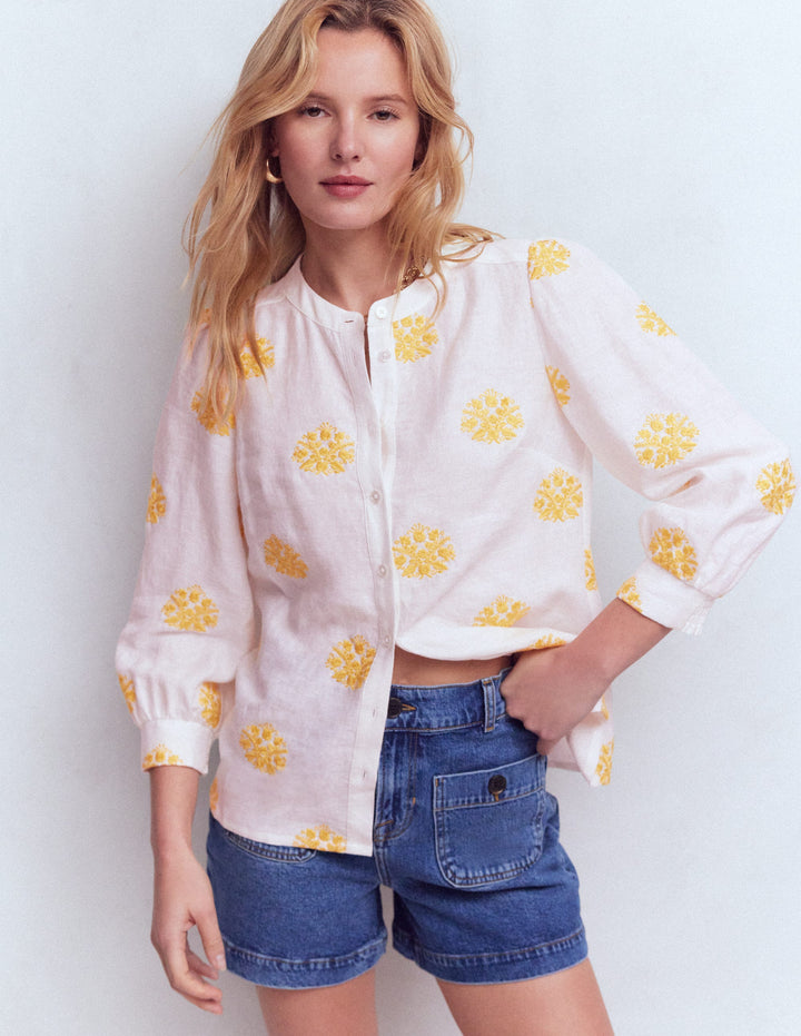 Alicia Linen Top-White, Floral embroidery