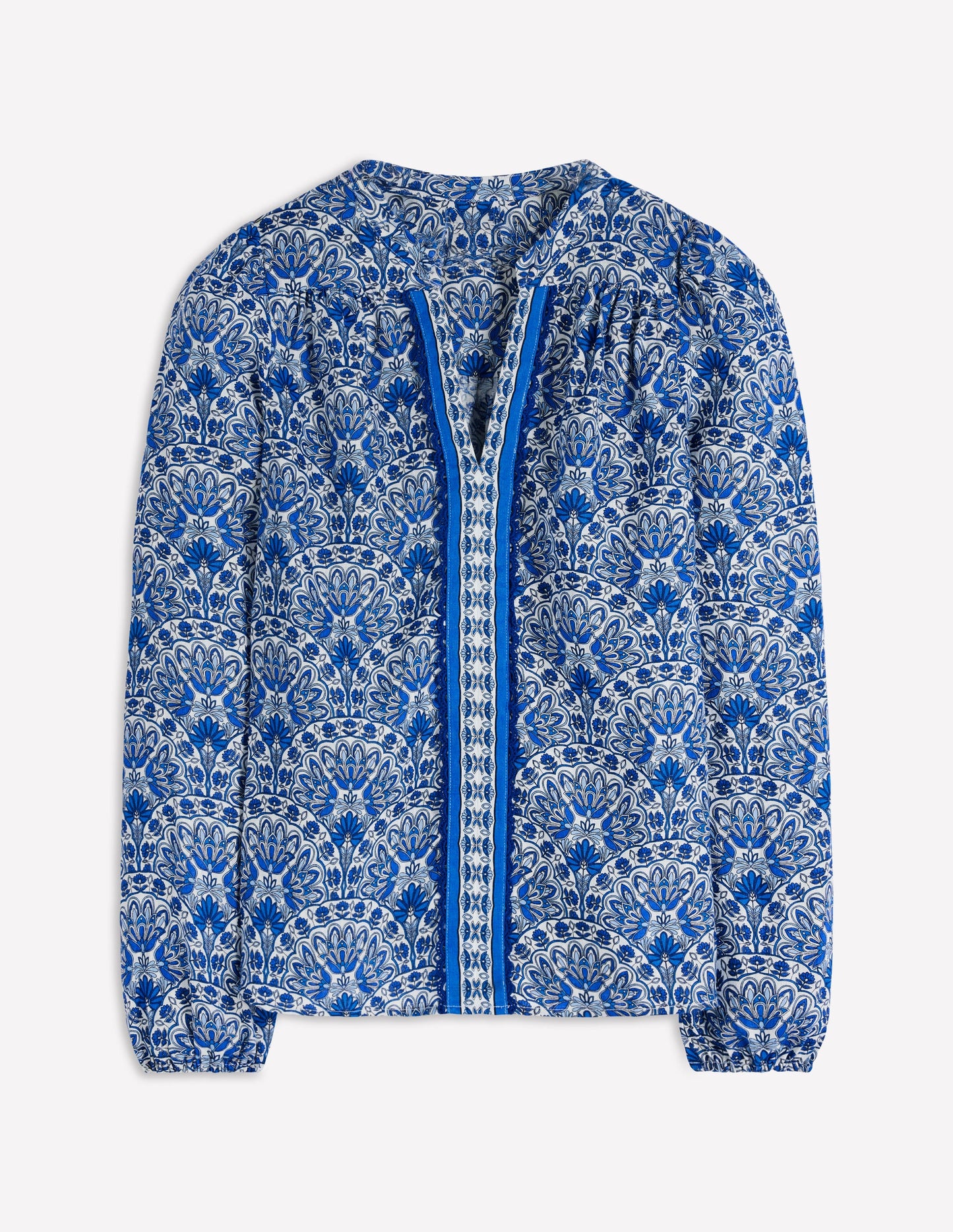 Notch Neck Linen Trim Top-Blue, Elaborate Terrace