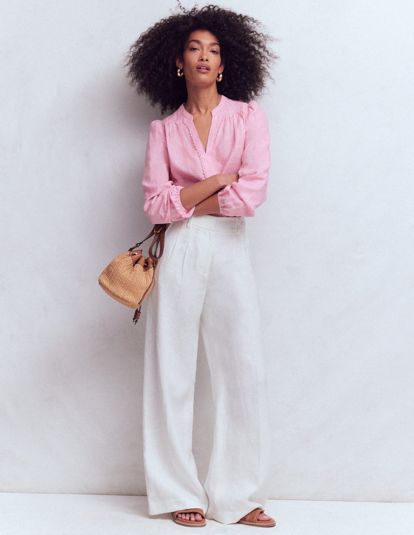 Notch Neck Linen Trim Top-Meadowsweet Chambray