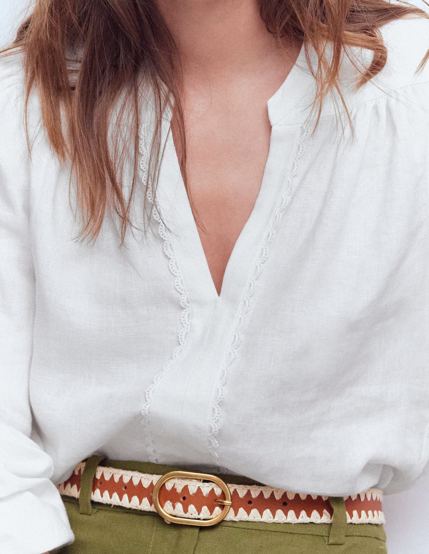 Notch Neck Linen Trim Top-White