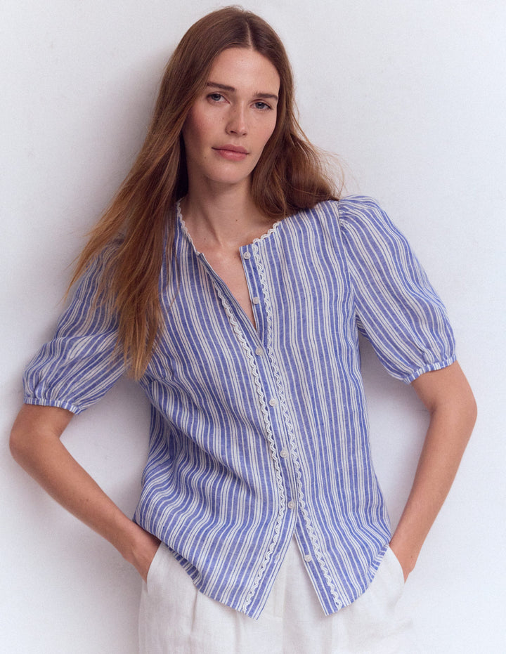 Leah Short Sleeve Linen Top-Bright Blue Varigated Stripe