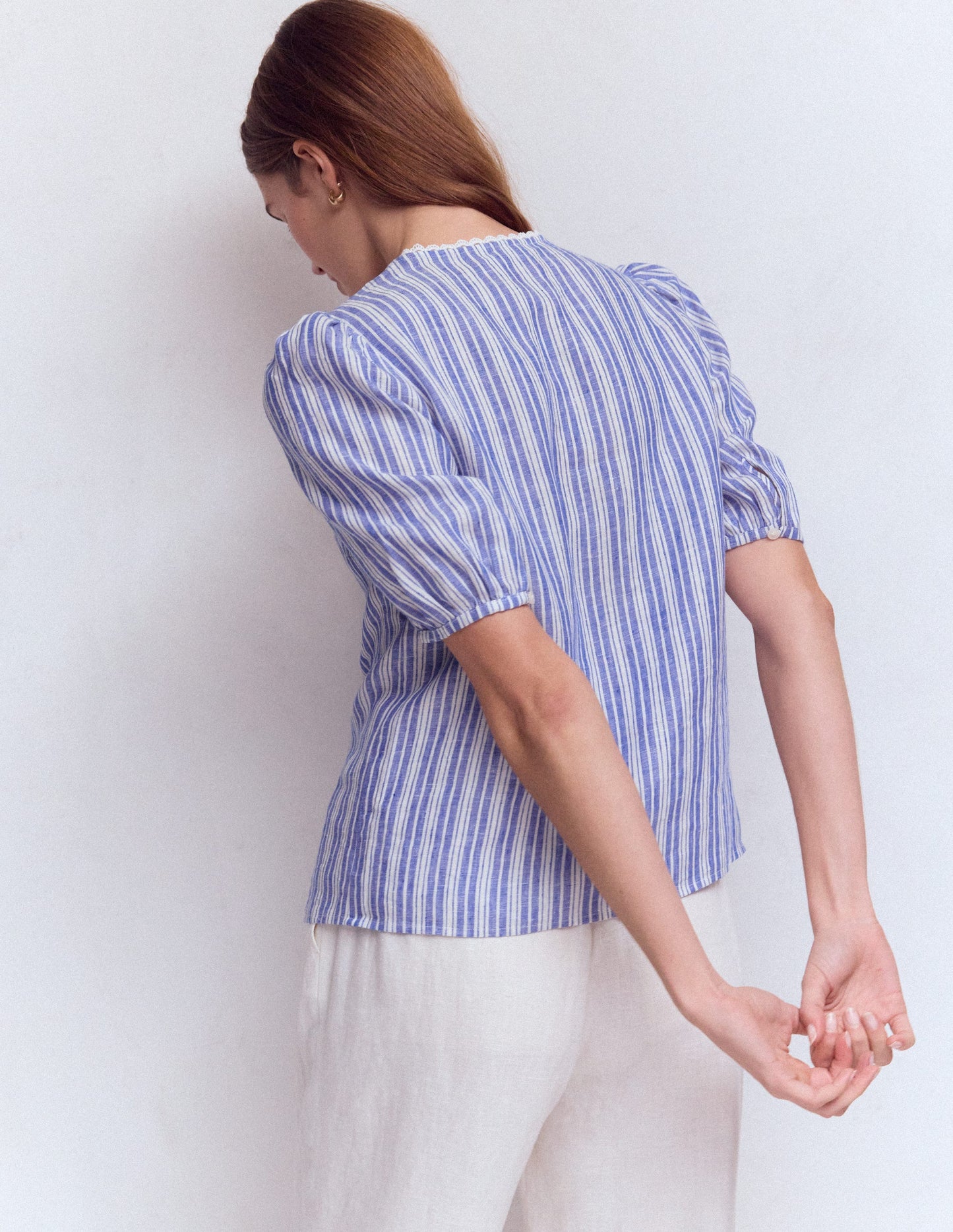 Leah Short Sleeve Linen Top-Bright blue Stripe