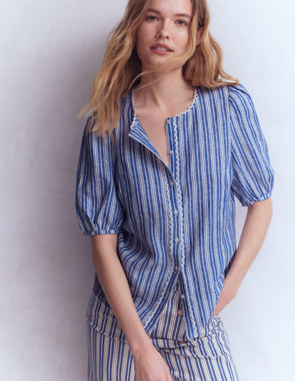 Leah Short Sleeve Linen Top-Bright blue Stripe-6