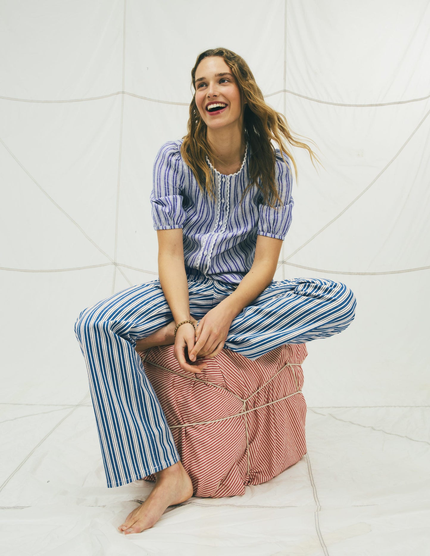 Leah Short Sleeve Linen Top-Bright blue Stripe