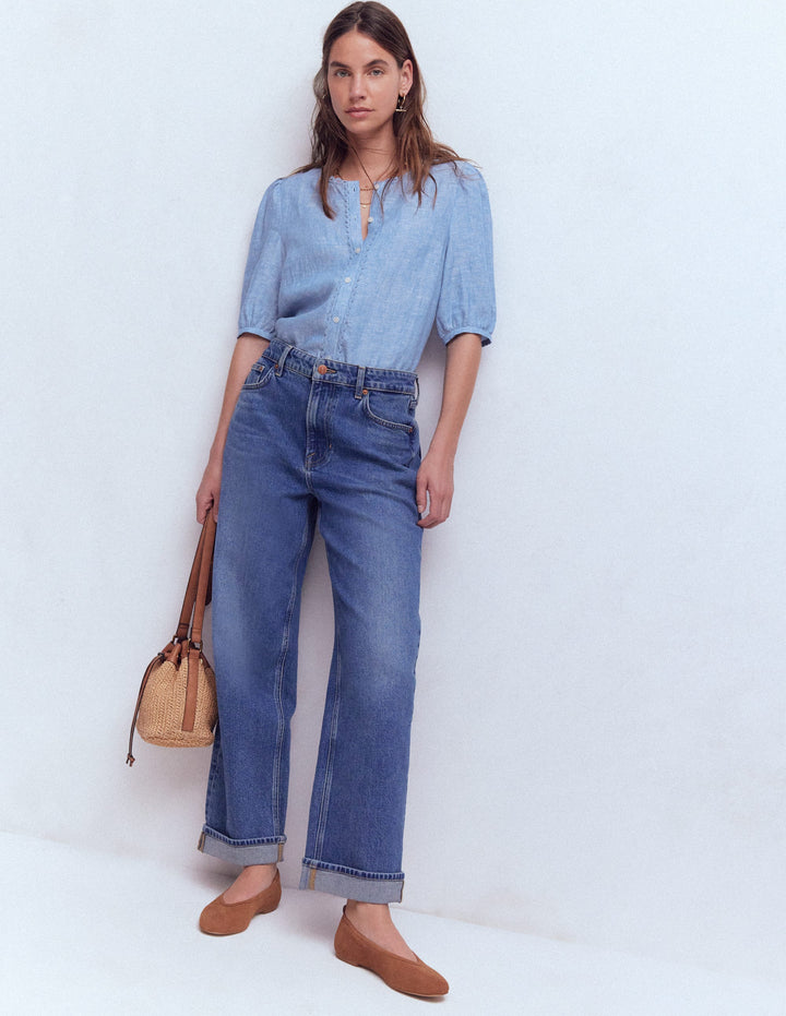 Leah Short Sleeve Linen Top-Chambray