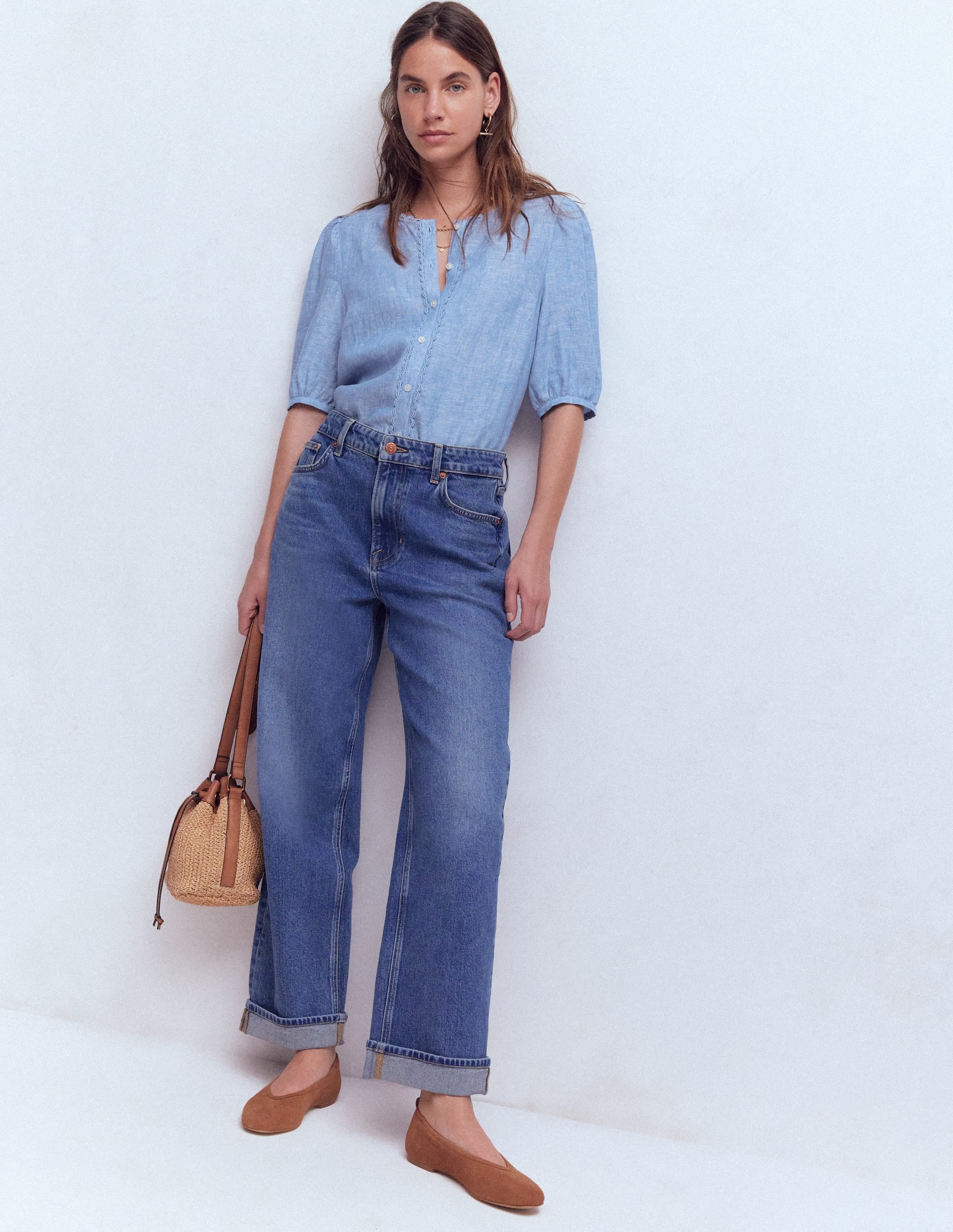 Leah Short Sleeve Linen Top-Chambray - Image 1
