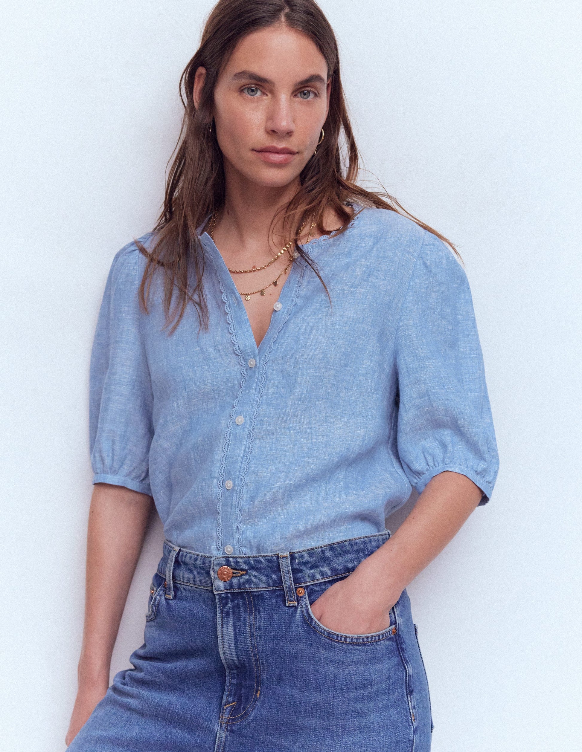 Leah Short Sleeve Linen Top-Blue Chambray-4