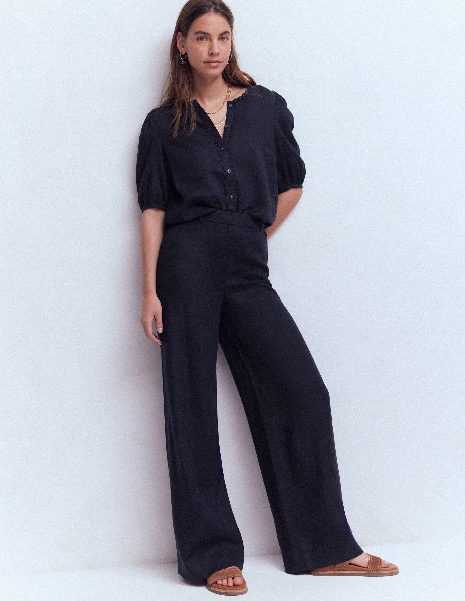 Leah Short Sleeve Linen Top-Navy-4