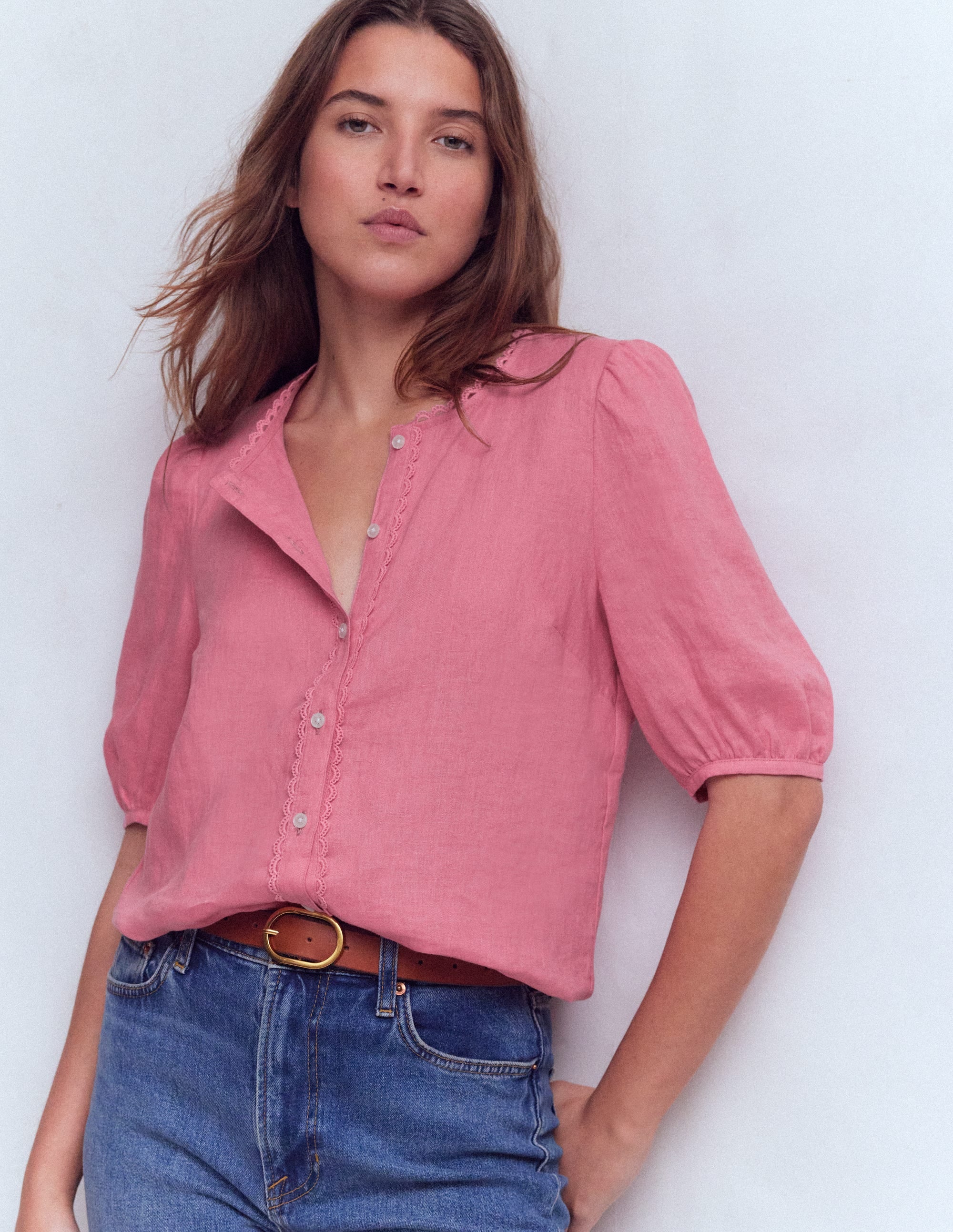 Leah Short Sleeve Linen Top-Pink Parfait - Image 1