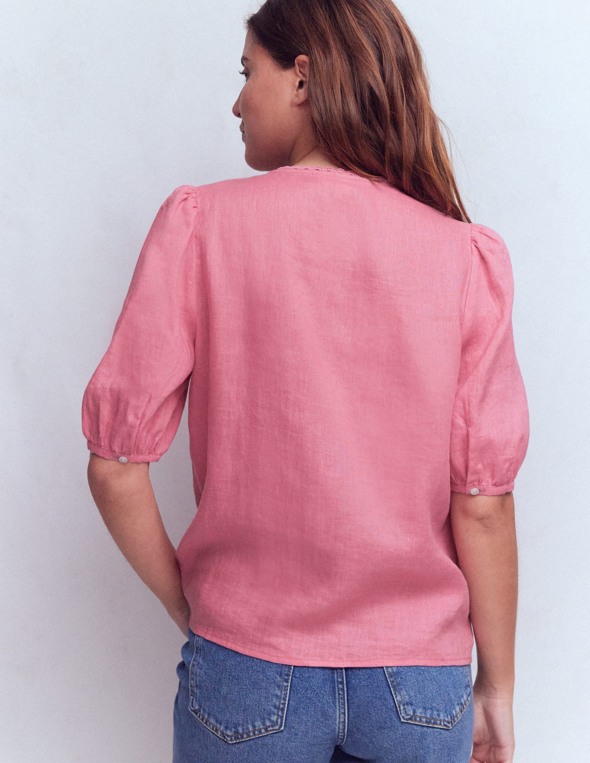 Leah Short Sleeve Linen Top-Pink Parfait - Image 3