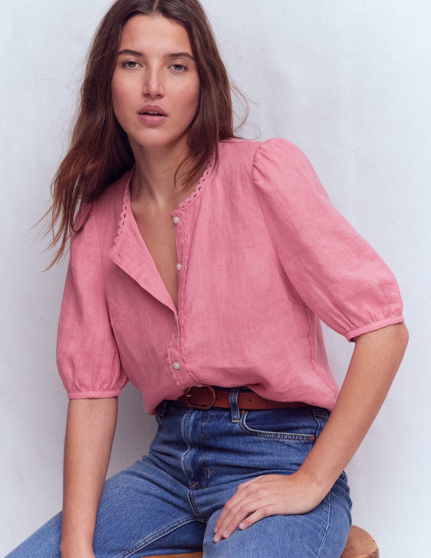 Leah Short Sleeve Linen Top-Pink Parfait