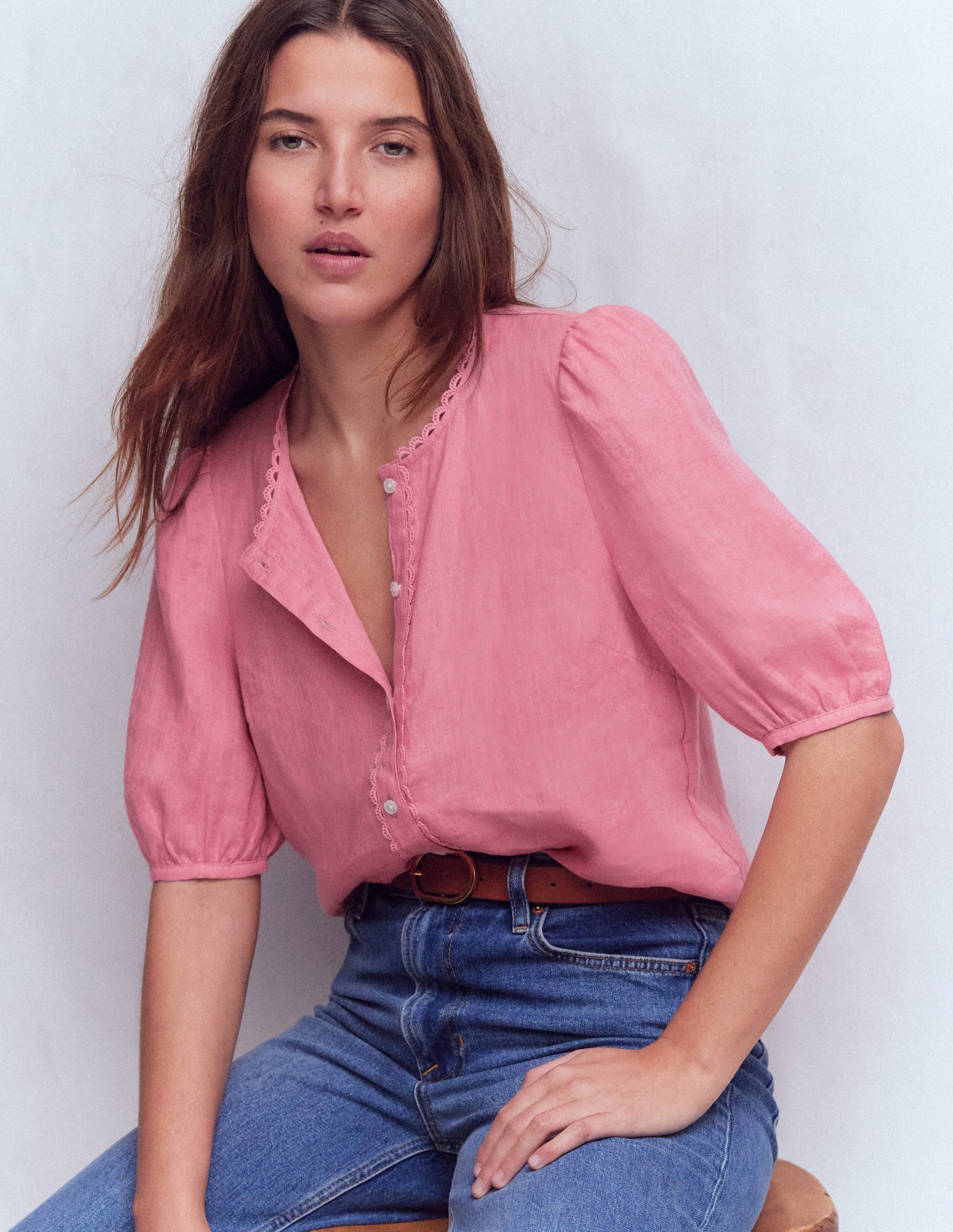 Leah Short Sleeve Linen Top-Pink Parfait - Image 4
