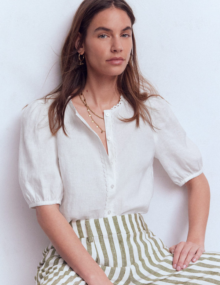 Leah Short Sleeve Linen Top-White