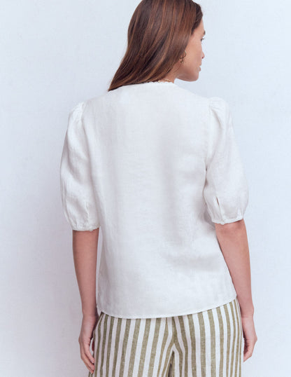 Leah Short Sleeve Linen Top-White-3
