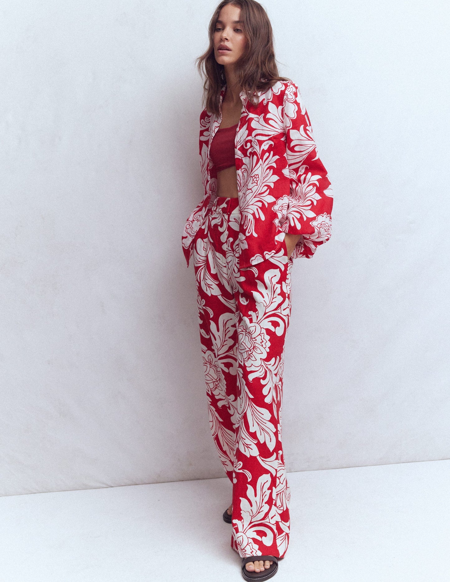 Puff Sleeve Linen Shirt-Salsa Botanical Flourish Mono