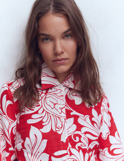 Puff Sleeve Linen Shirt-Salsa Botanical Flourish Mono-4
