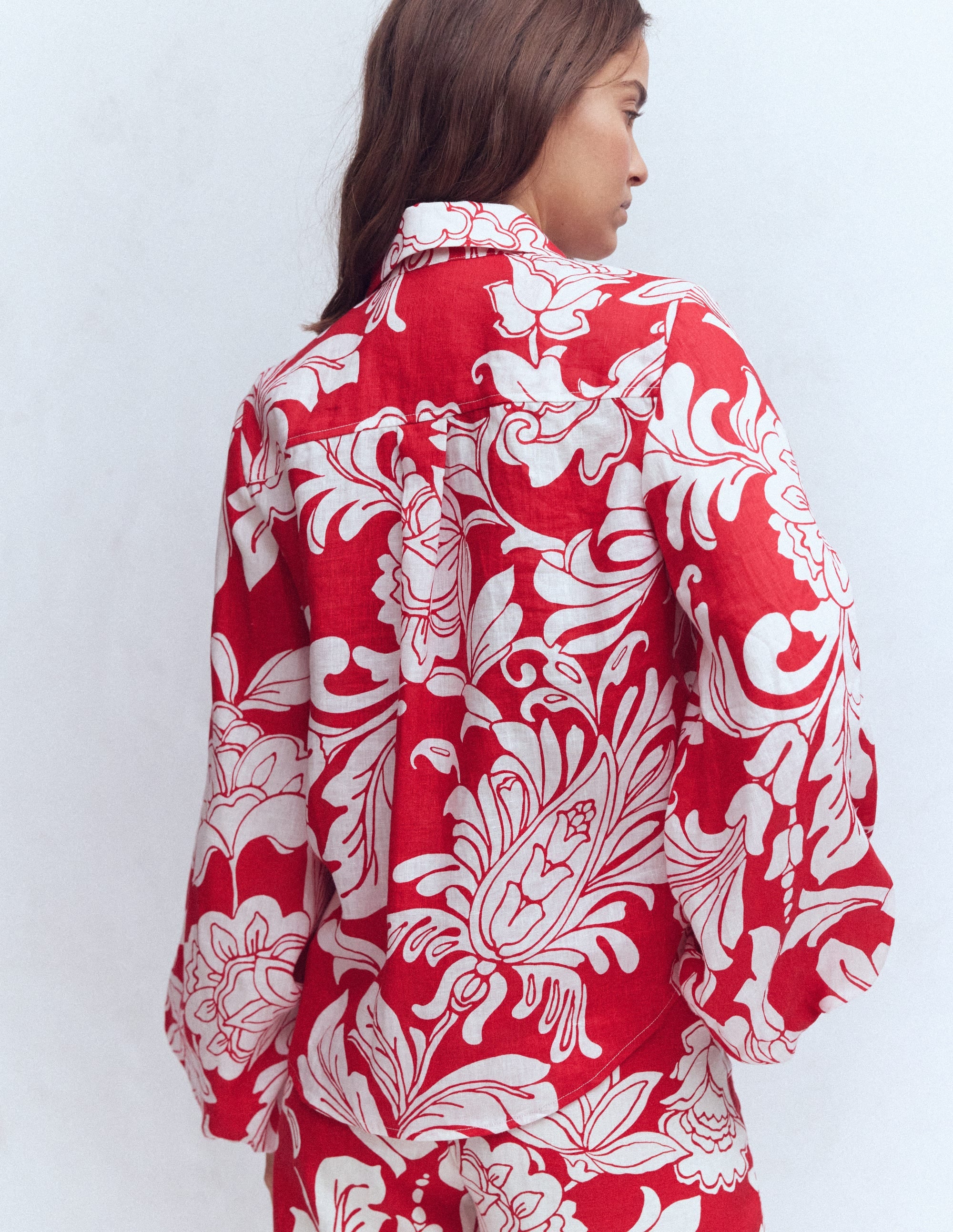 Puff Sleeve Linen Shirt-Merida Red, Botanical Flourish - Image 4