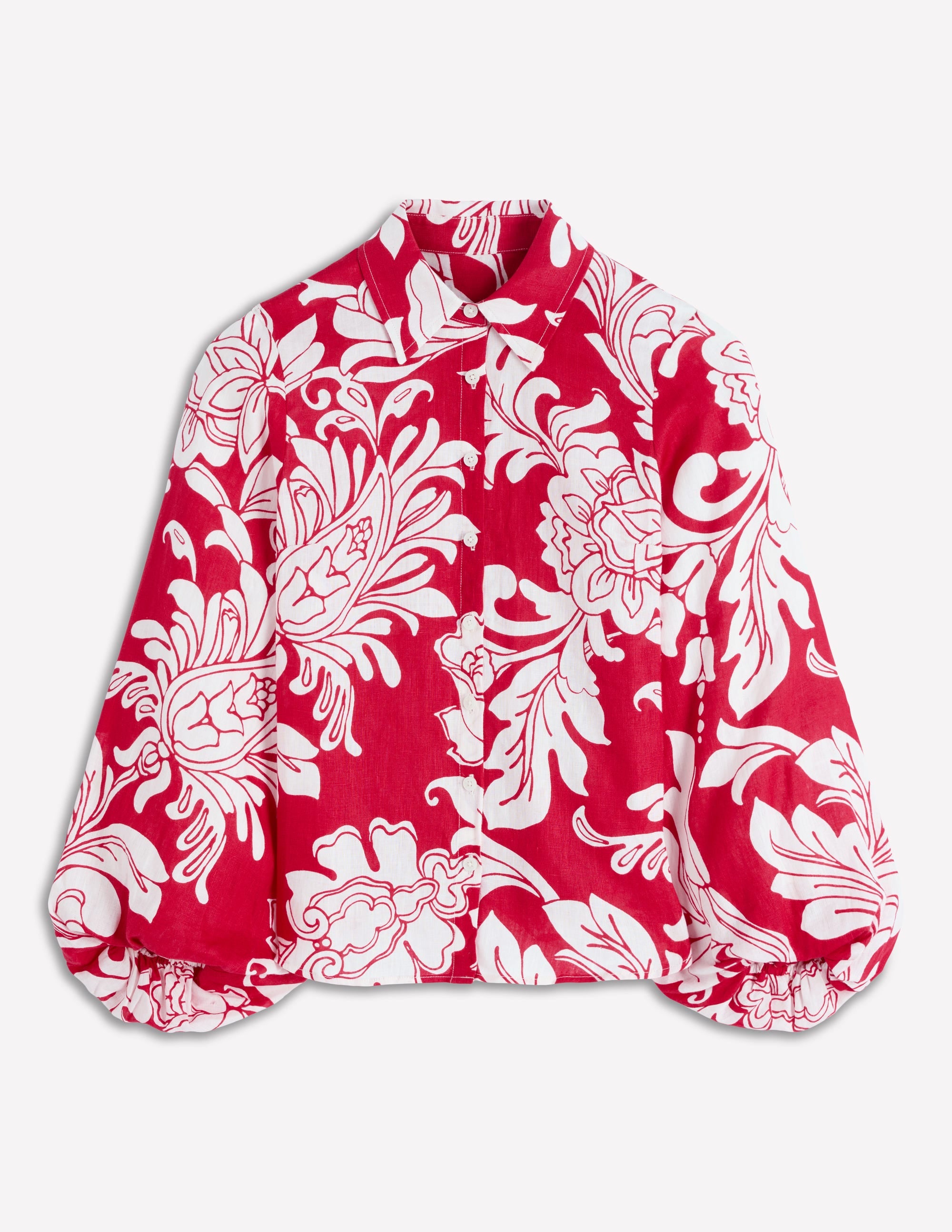 Puff Sleeve Linen Shirt-Merida Red, Botanical Flourish - Image 6