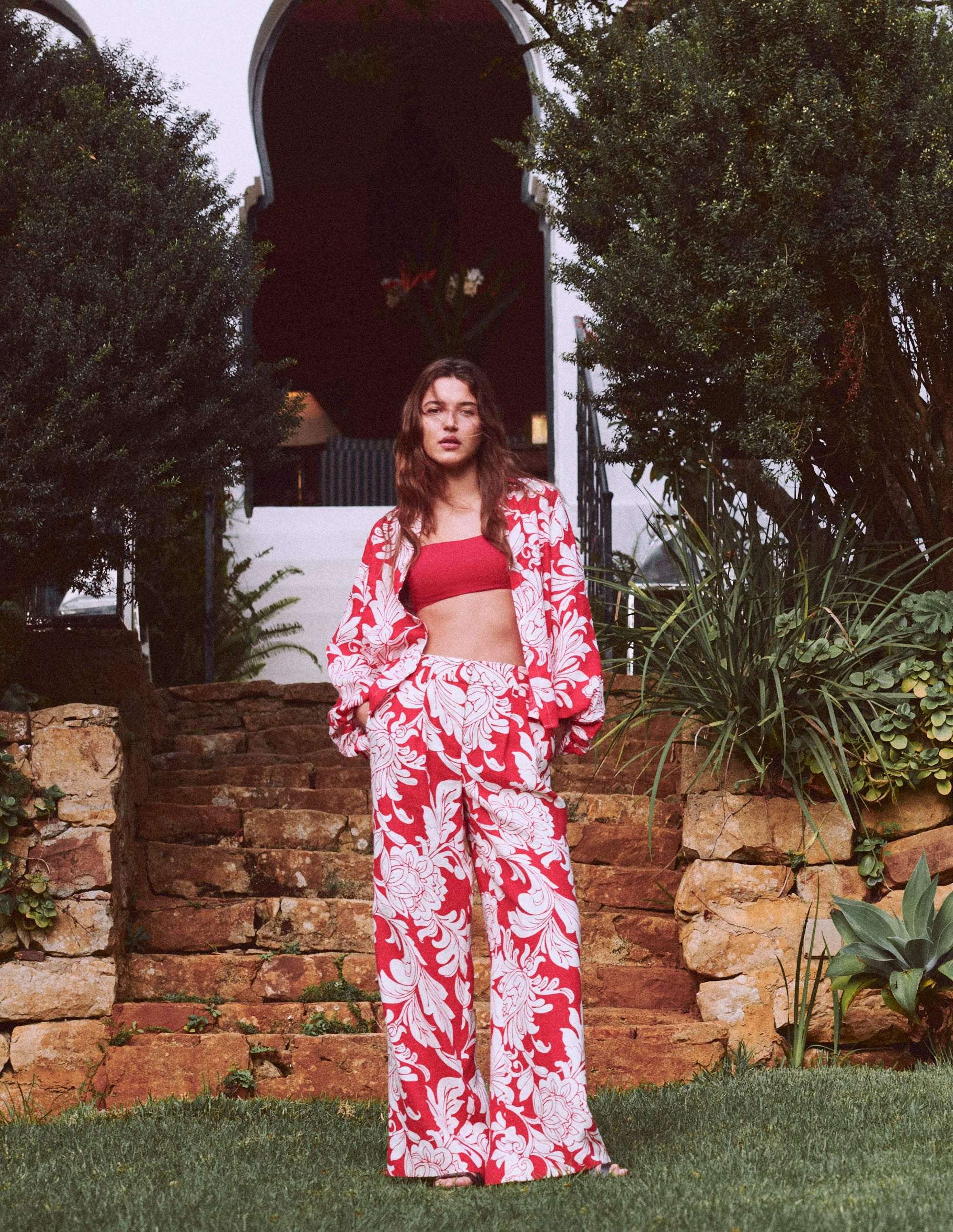 Puff Sleeve Linen Shirt-Merida Red, Botanical Flourish - Image 5