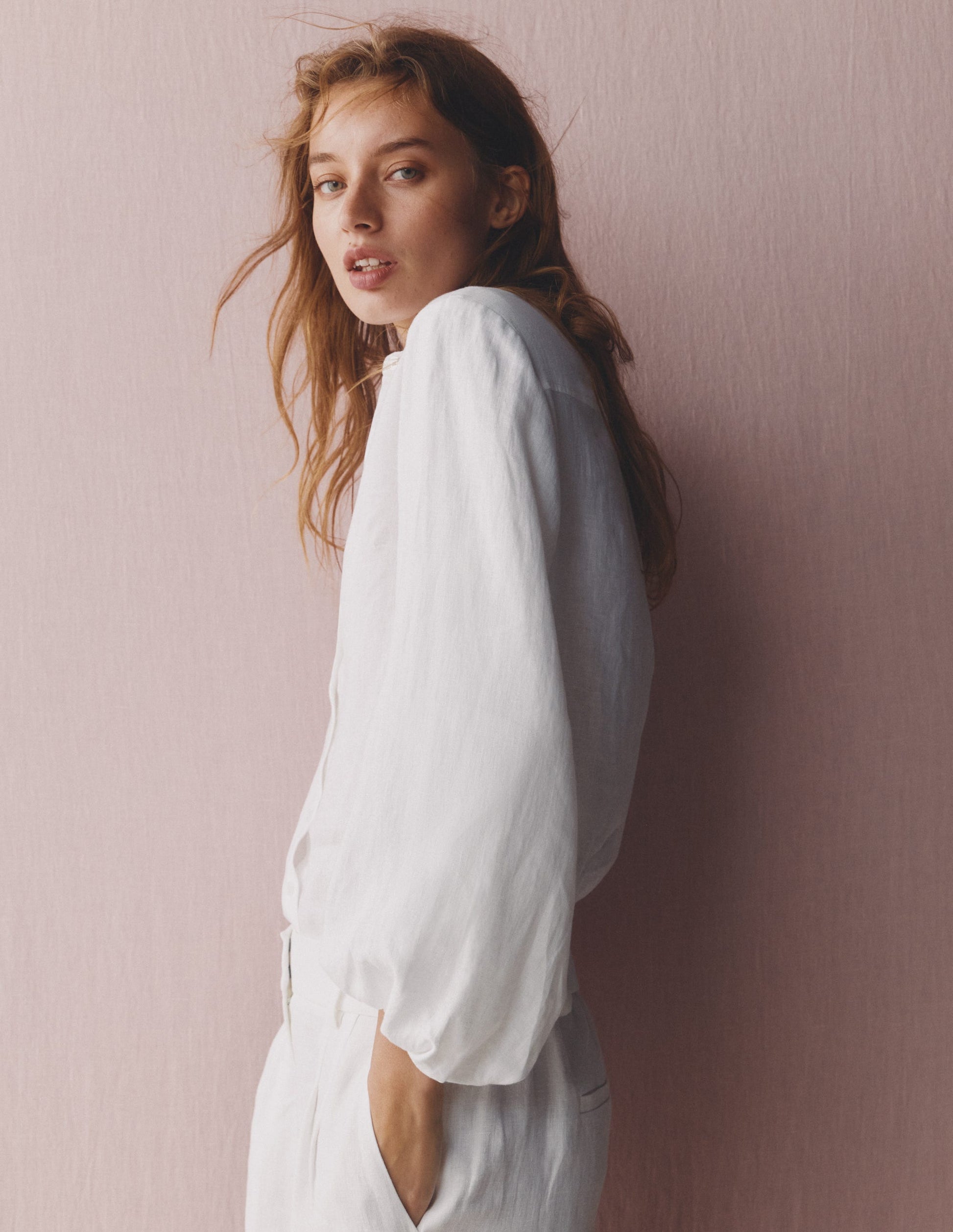 Puff Sleeve Linen Shirt-White-5