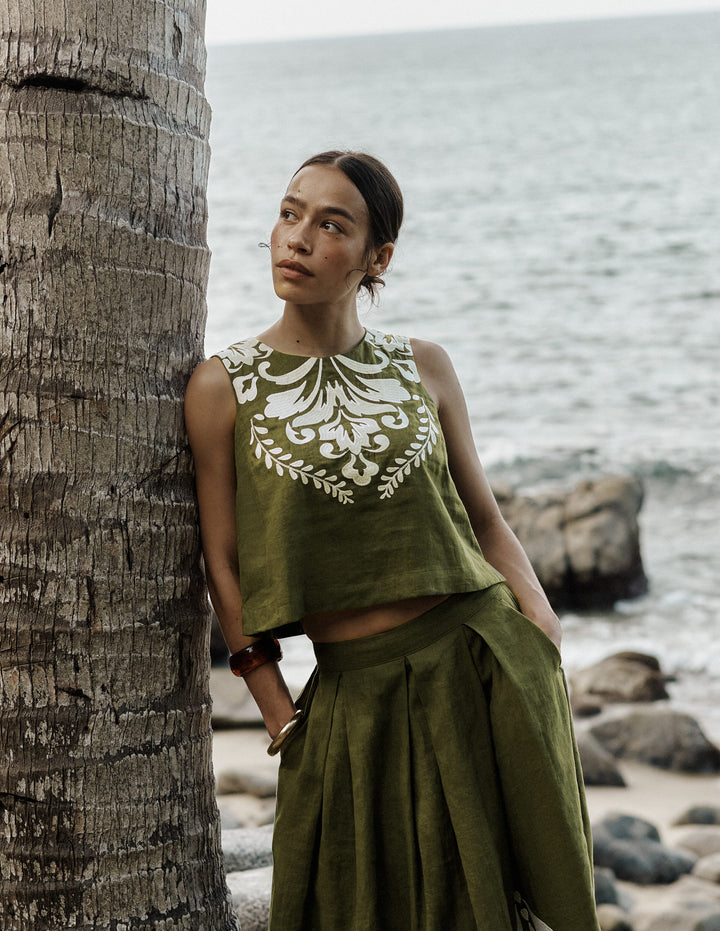 Sofia Embroidered Linen Top-Woodland Green