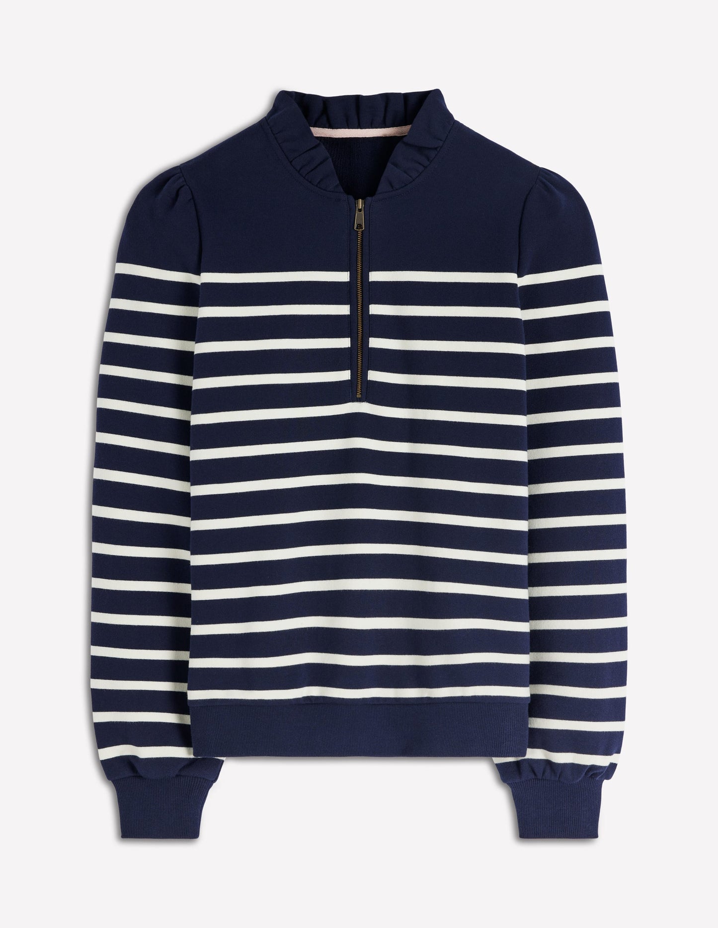 Half-Zip Frill Sweatshirt-Navy, Ivory Stripe