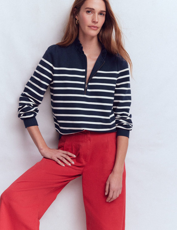 Half-Zip Frill Sweatshirt-Navy, Ivory Stripe